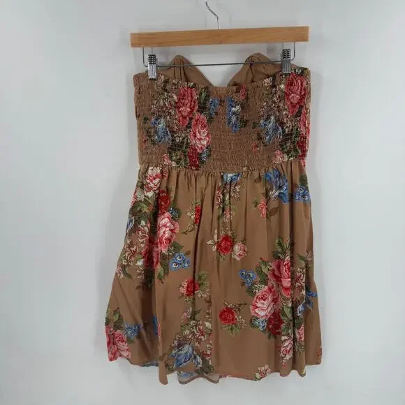 Y2K Strapless Sweetheart Tube Dress Brown Floral Mini Boho Cottagecore Size XL - Picture 11 of 11